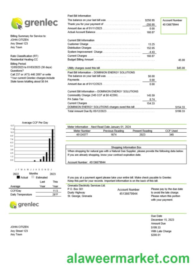 Grenada Electricity Services utility bill Word and PDF template